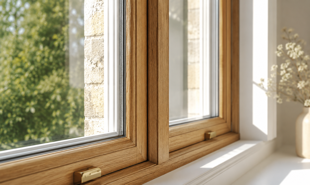 Close-up of a timber window frame fitted with retrofit double glazing, viewed from a sunlit room